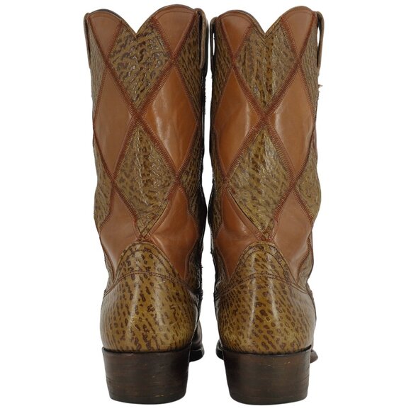 Vintage Nocona Boots Exotic Shark skin + Leather Diamond Patchwork Cowboy Men 9D - Picture 11 of 14